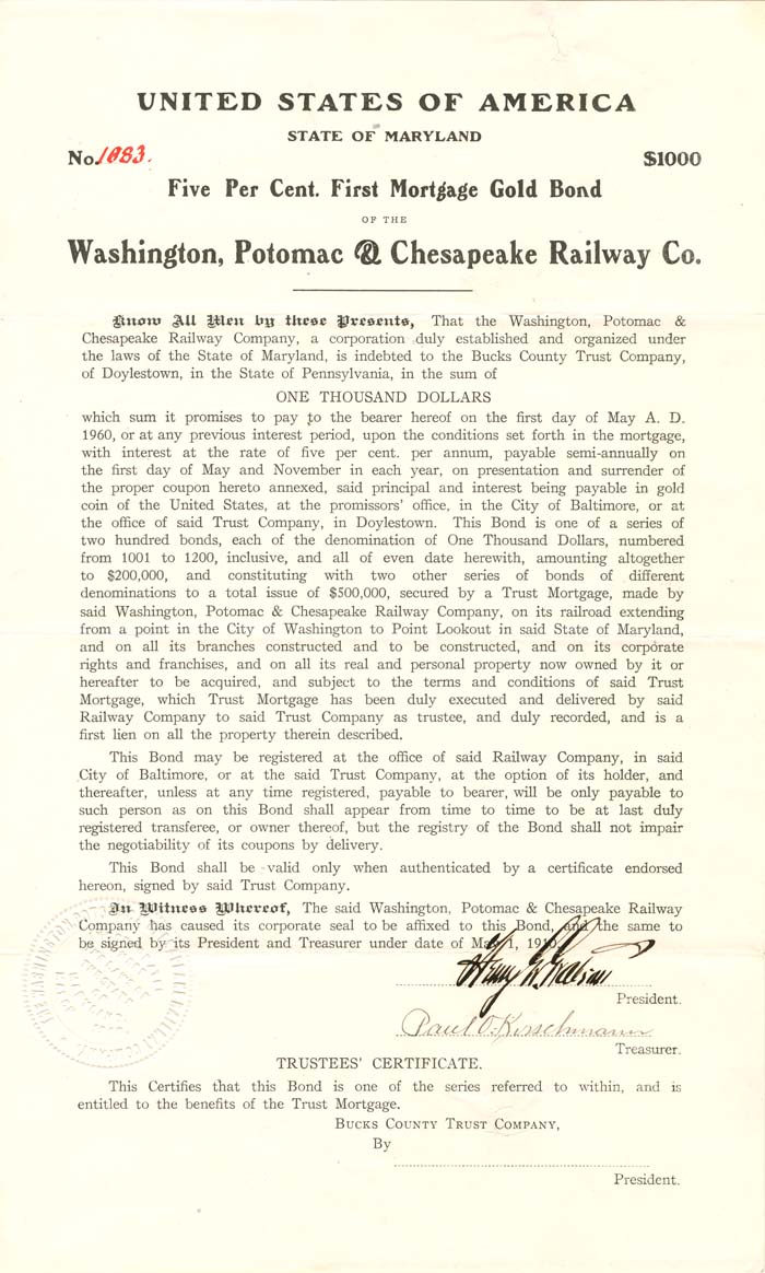 Washington, Potomac and Chesapeake Railway Co. - $1,000 Bond
